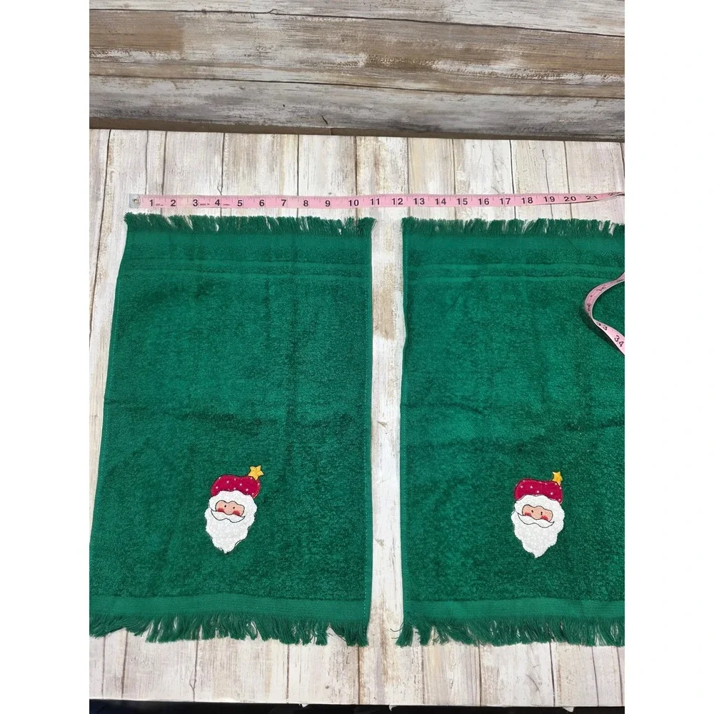 Cannon Christmas Santa Claus‎ Green Hand Towel Set 3 Piece Embroidered Fringed